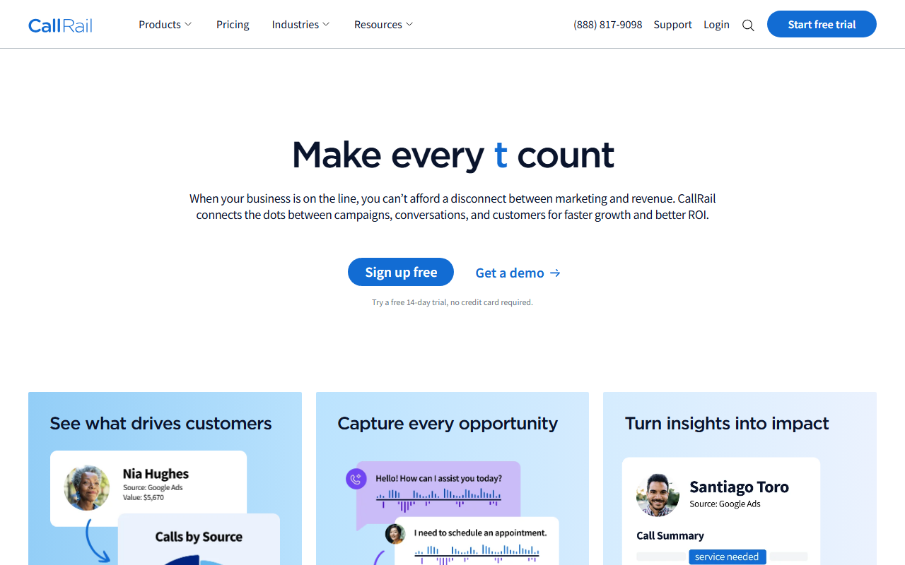 Screenshot of the CallRail homepage