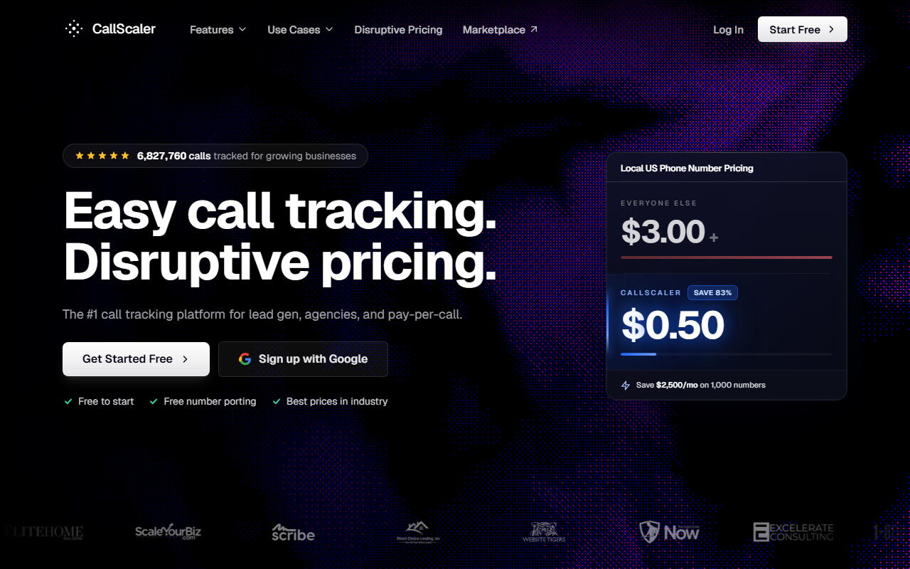 Screenshot of the CallScaler homepage